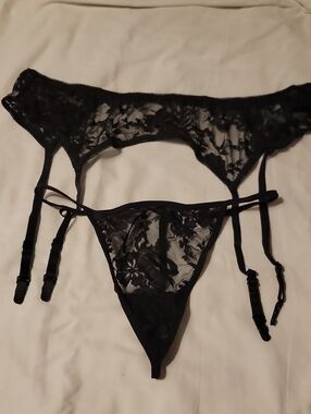 Spirit Black Sheer Floral Lace Garter Belt with Thong